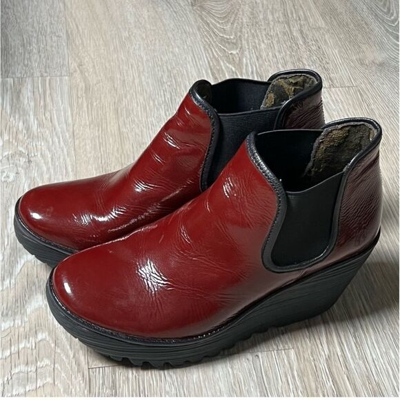Fly London Burgundy wedge platform Yat Chelsea Bootie boots 38 8 Portugal NEW - Picture 10 of 16